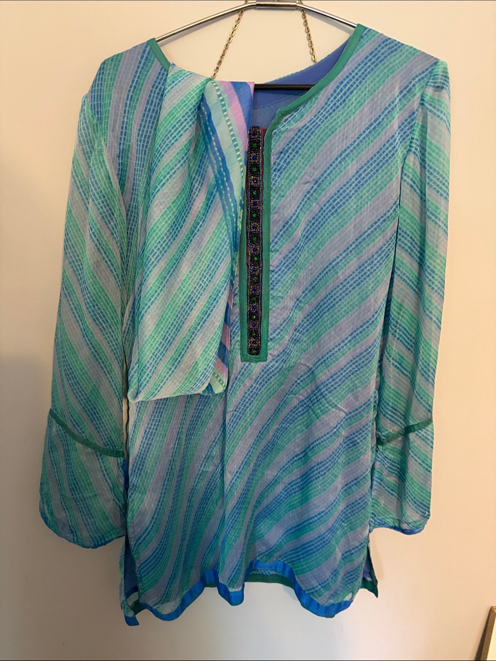 Women’s Blue-Green Striped Long-Sleeve Kurta